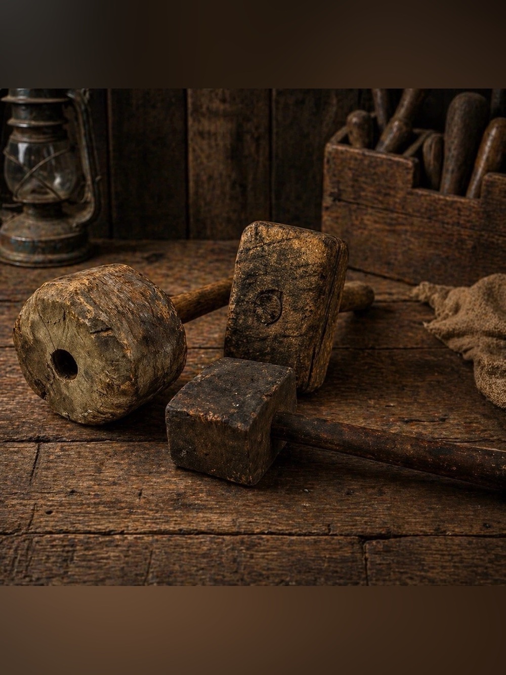 Antique Primitive Wooden Mallet Set 3 Hand Carved Farm Tool Rustic Decor 1880